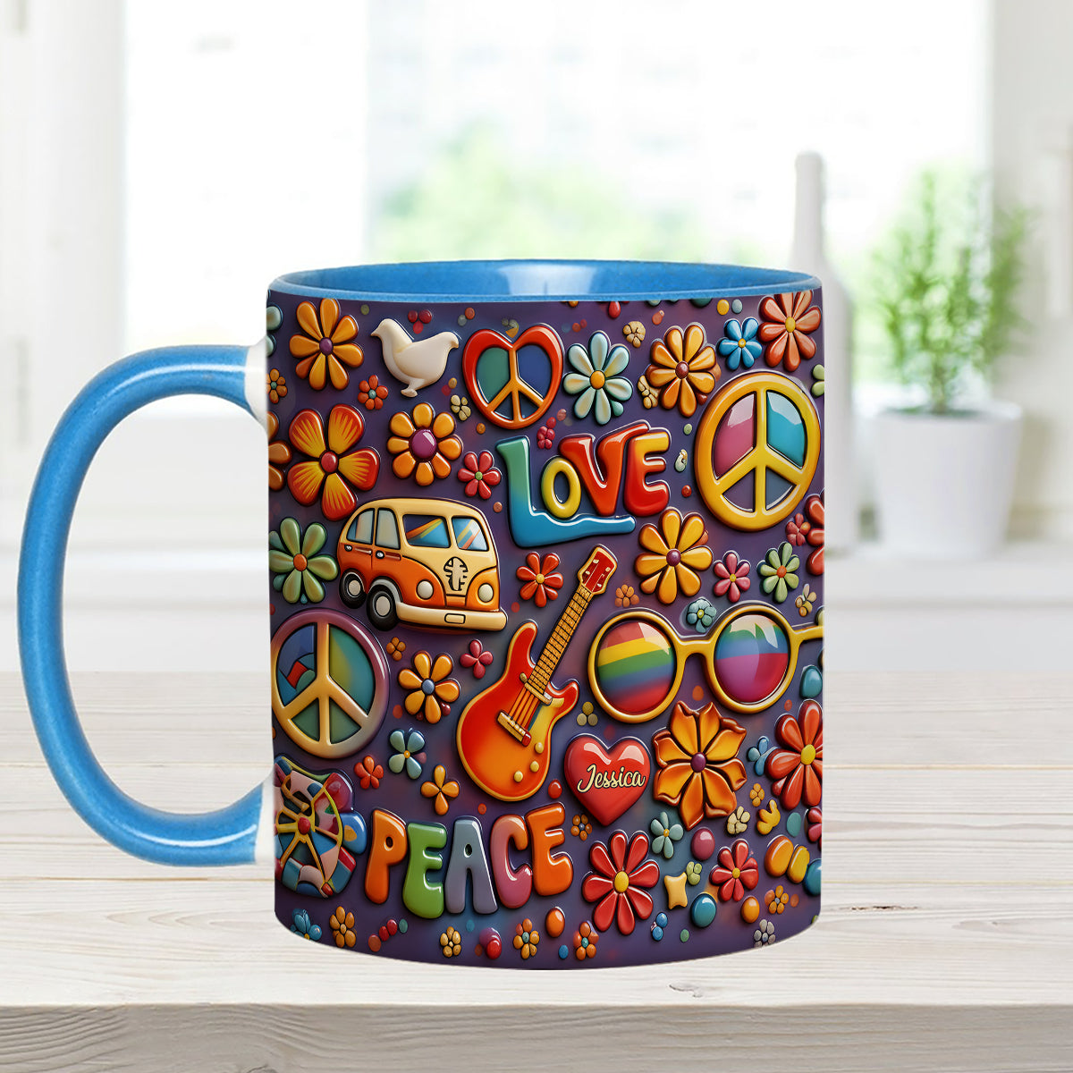 Hippie Peace Love - Personalized Hippie Set Accent Mug with Acrylic Stirrers