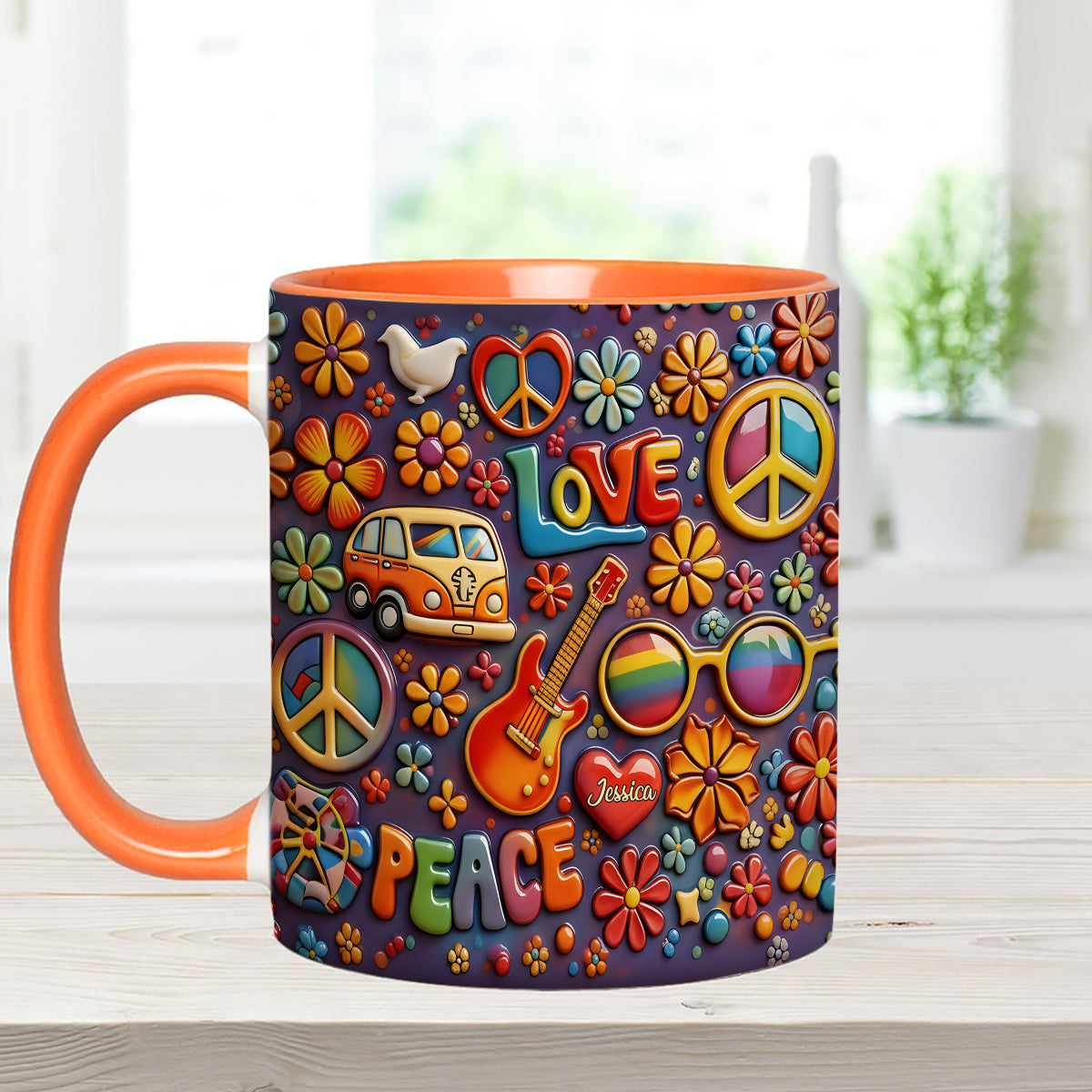 Hippie Peace Love - Personalized Hippie Set Accent Mug with Acrylic Stirrers