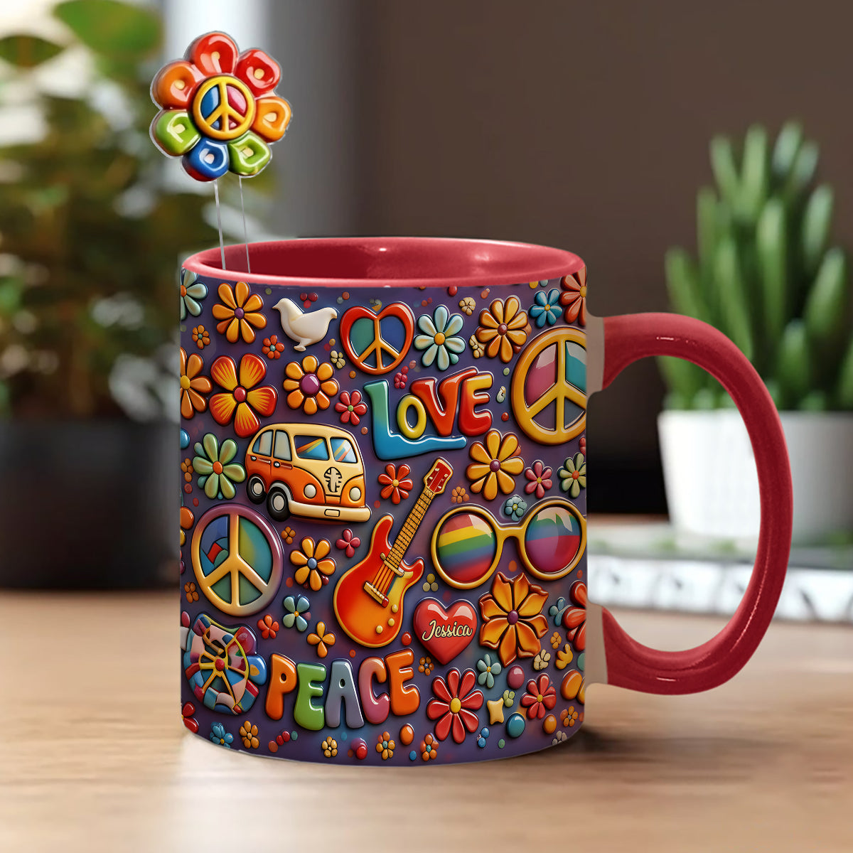 Hippie Peace Love - Personalized Hippie Set Accent Mug with Acrylic Stirrers