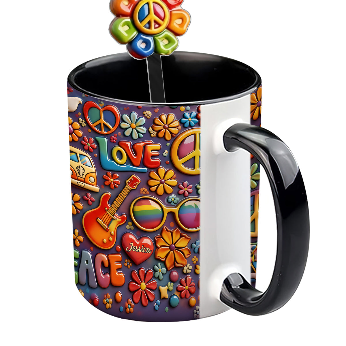Hippie Peace Love - Personalized Hippie Set Accent Mug with Acrylic Stirrers