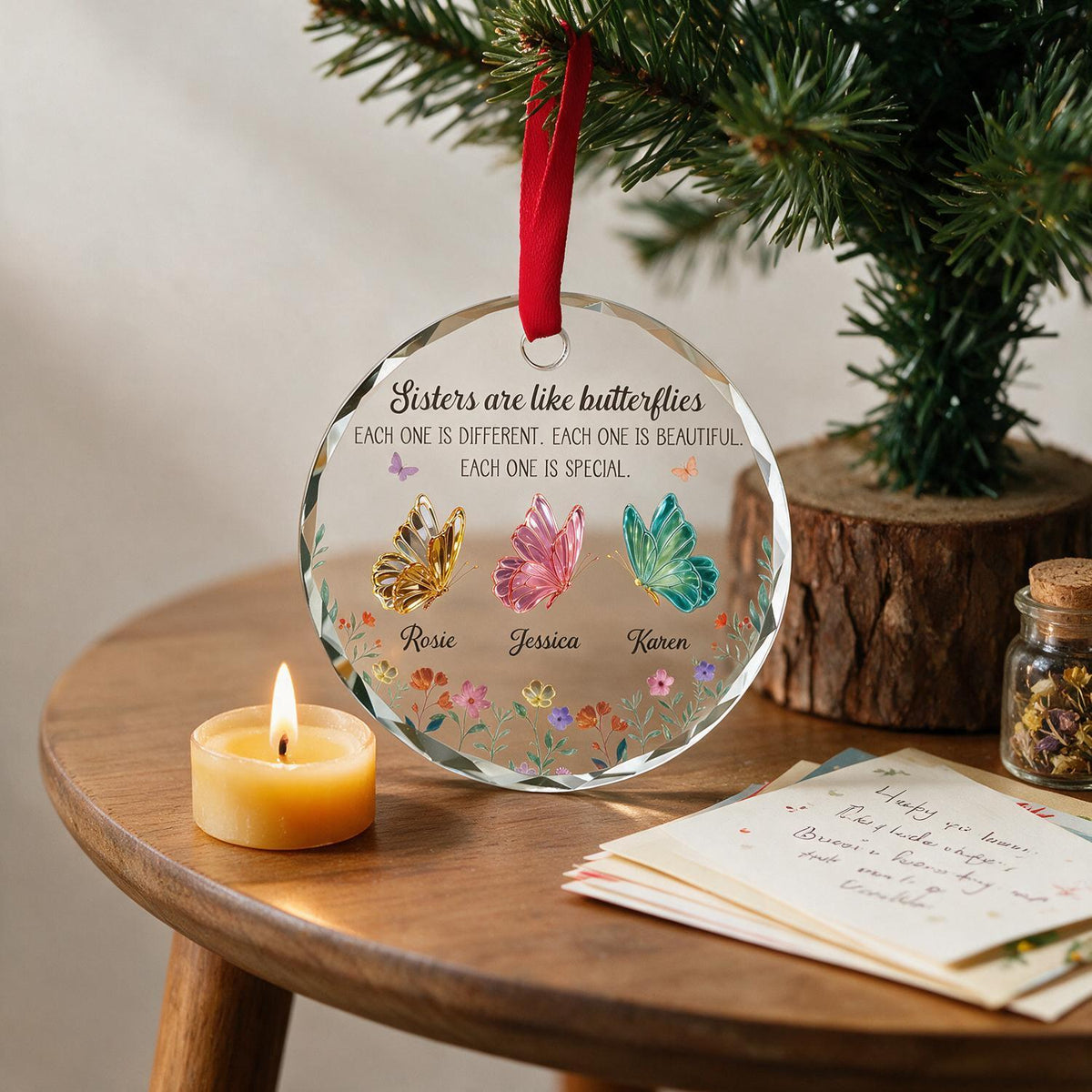Personalized Christmas Sisters Butterfly Glass Ornament, Custom Name Sister Gift