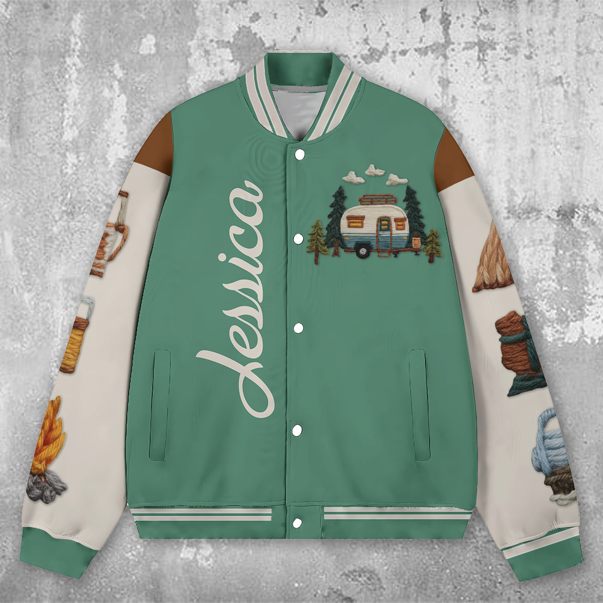 Camping Is My Happy Place - Personalized Camping Varsity Jacket