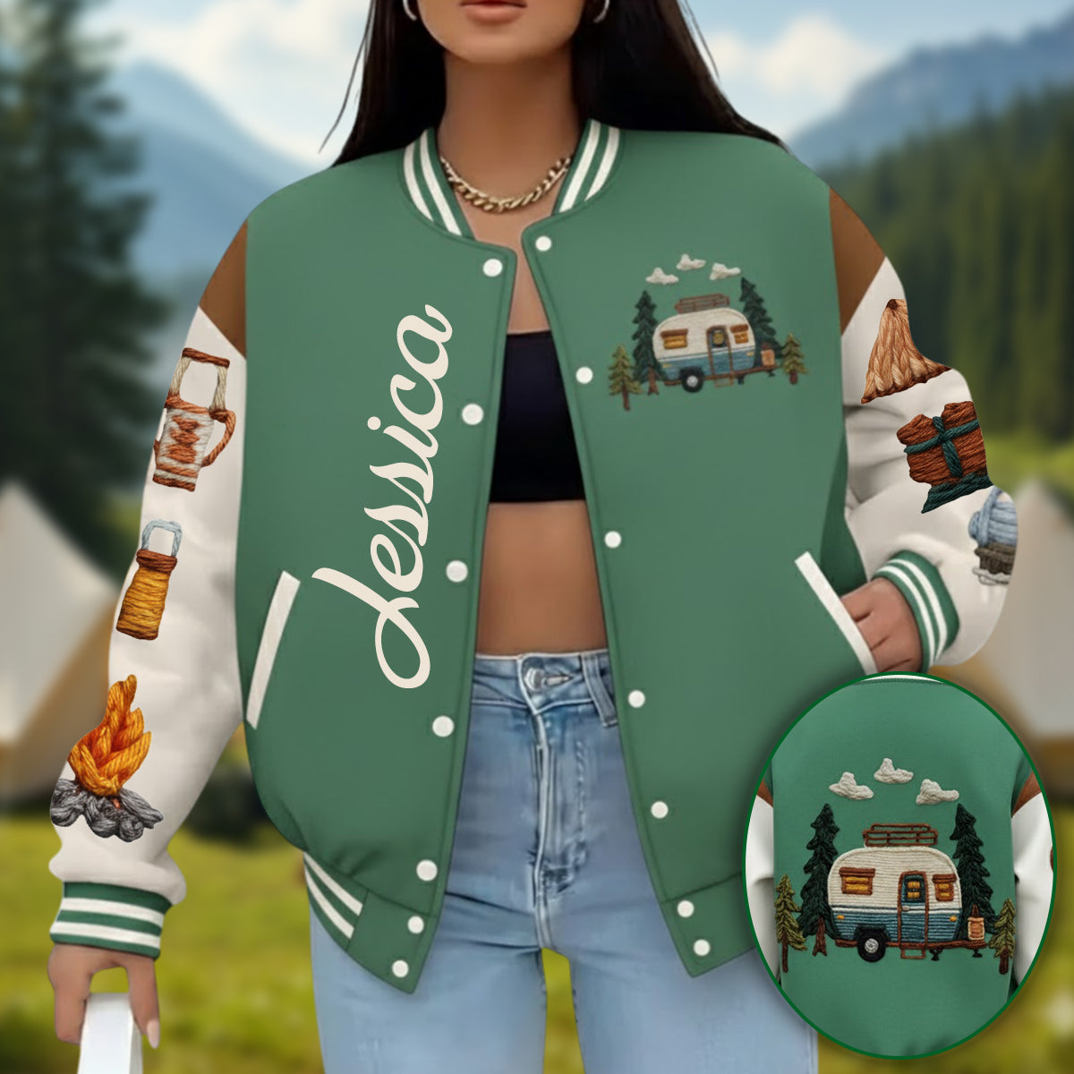 Camping Is My Happy Place - Personalized Camping Varsity Jacket