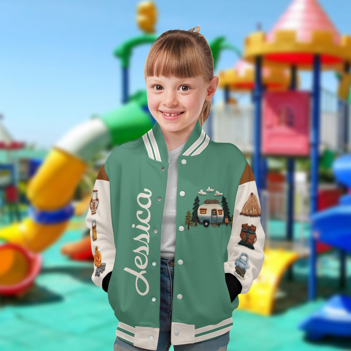 Camping Is My Happy Place - Personalized Camping Varsity Jacket