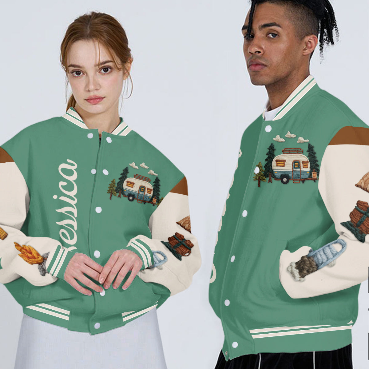 Camping Is My Happy Place - Personalized Camping Varsity Jacket