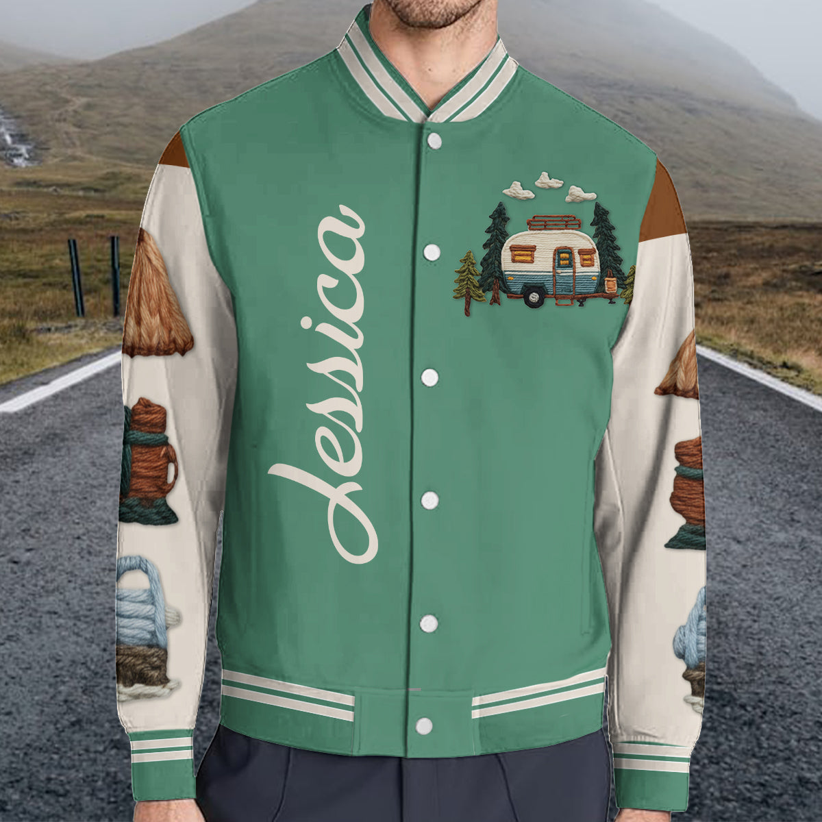 Camping Is My Happy Place - Personalized Camping Varsity Jacket