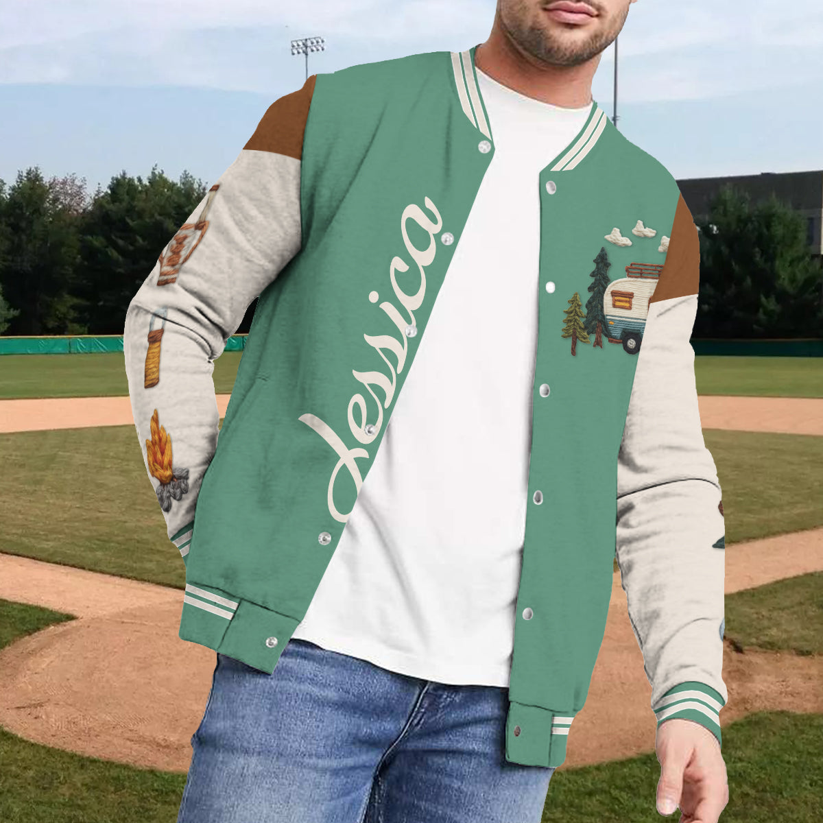 Camping Is My Happy Place - Personalized Camping Varsity Jacket