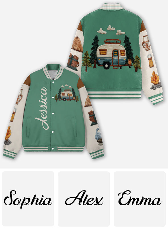 Camping Is My Happy Place - Personalized Camping Varsity Jacket
