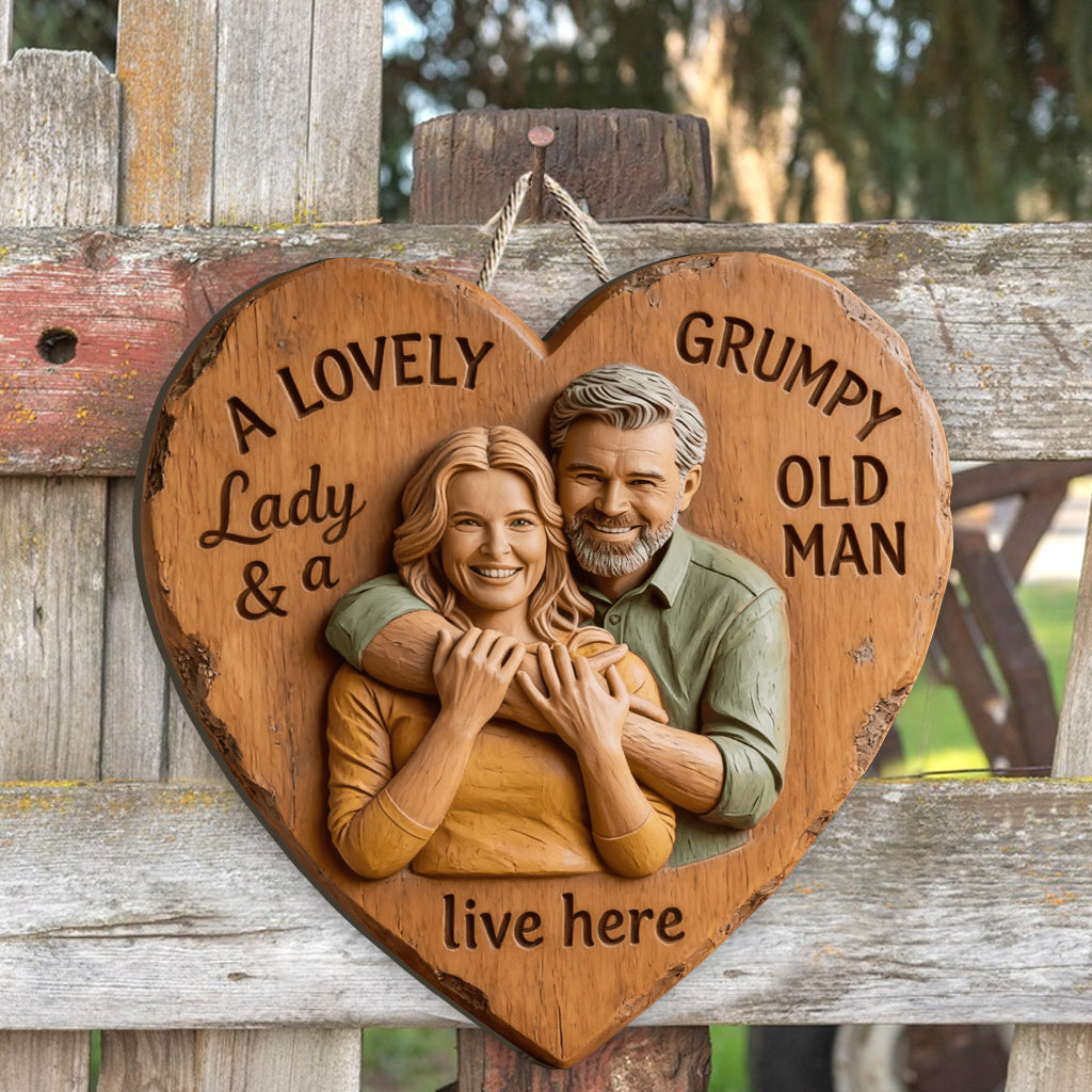 Family Couple A Lovely Lady And A Grumpy Old Man Live Here - Personalized Couple Custom Shaped Wood Sign