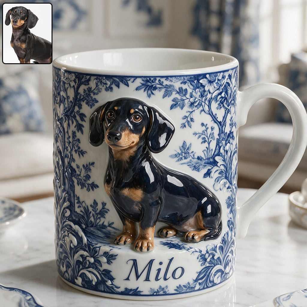 Pet Photo Blue and White Toile de Jouy - Personalized Dog Accent Mug & Coaster