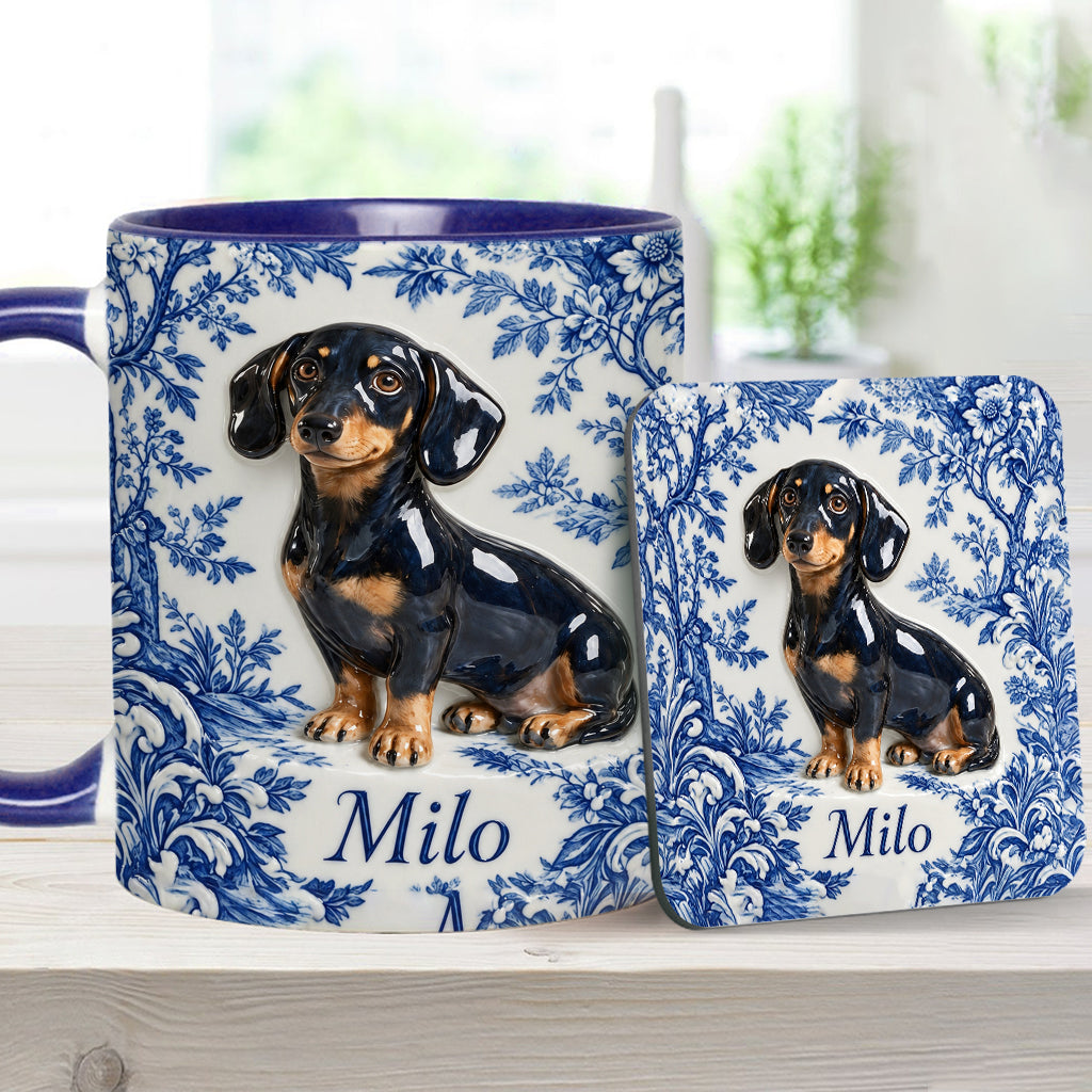Pet Photo Blue and White Toile de Jouy - Personalized Dog Accent Mug & Coaster