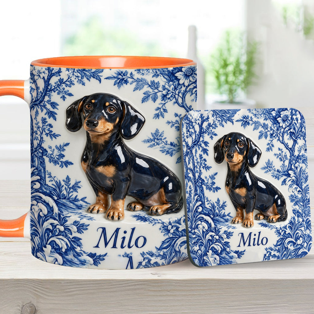 Pet Photo Blue and White Toile de Jouy - Personalized Dog Accent Mug & Coaster