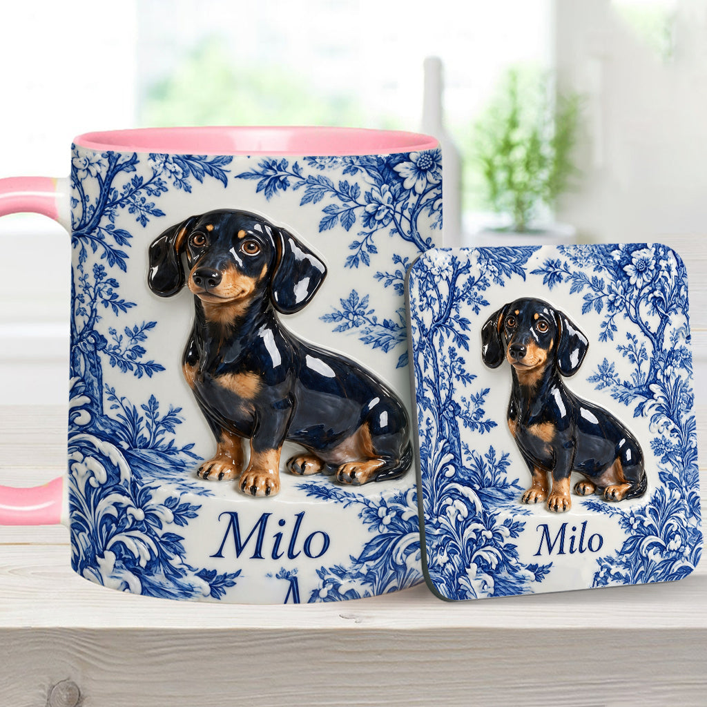 Pet Photo Blue and White Toile de Jouy - Personalized Dog Accent Mug & Coaster