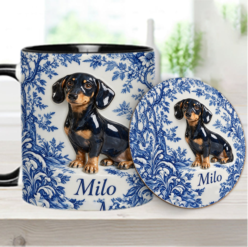 Pet Photo Blue and White Toile de Jouy - Personalized Dog Accent Mug & Coaster