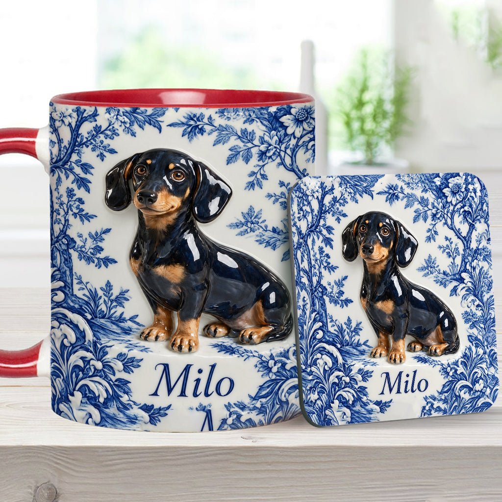 Pet Photo Blue and White Toile de Jouy - Personalized Dog Accent Mug & Coaster