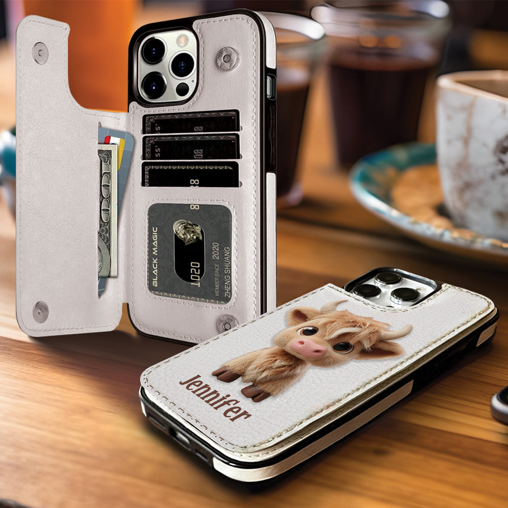 Étui portefeuille pliable personnalisé avec une adorable vache des Highlands