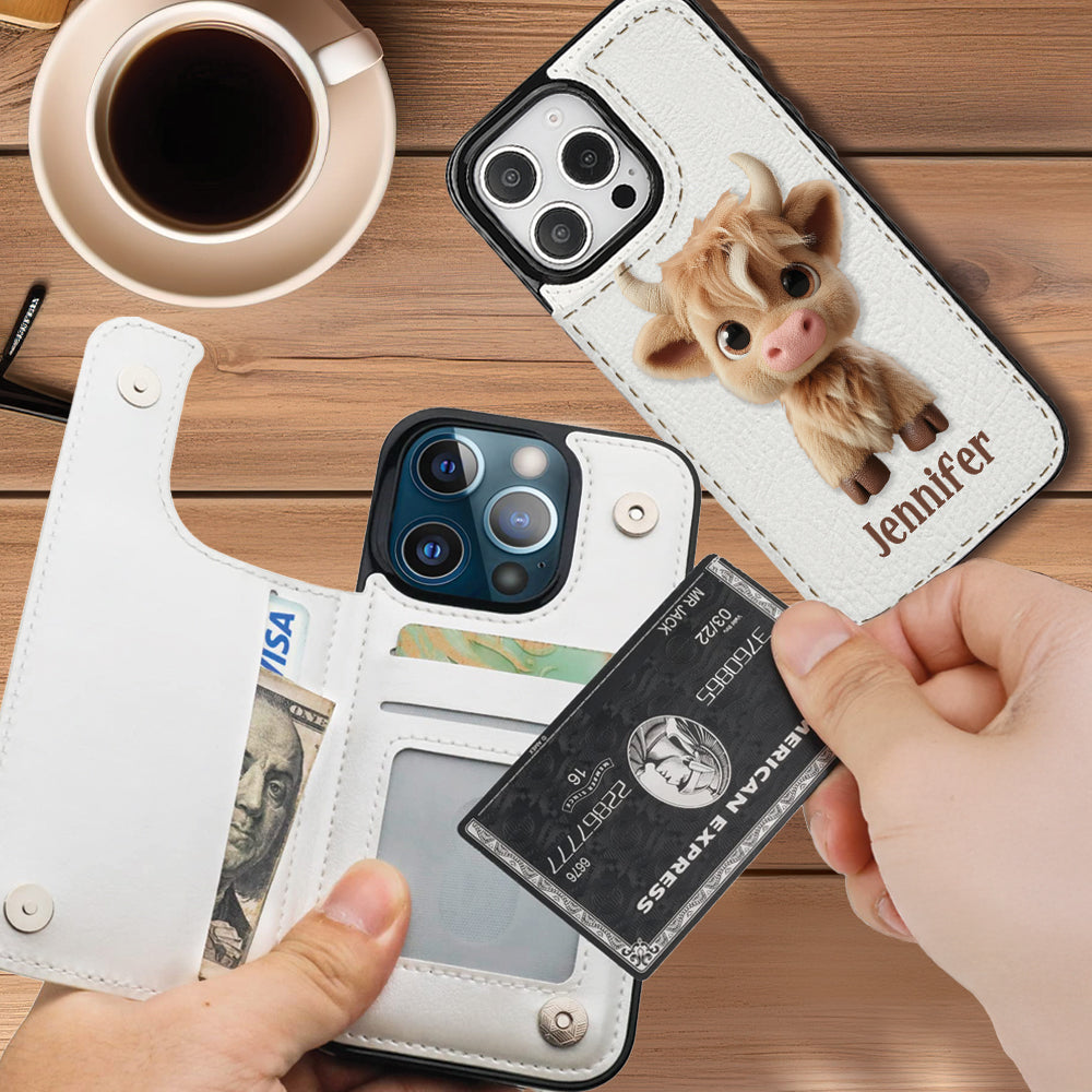 Étui portefeuille pliable personnalisé avec une adorable vache des Highlands