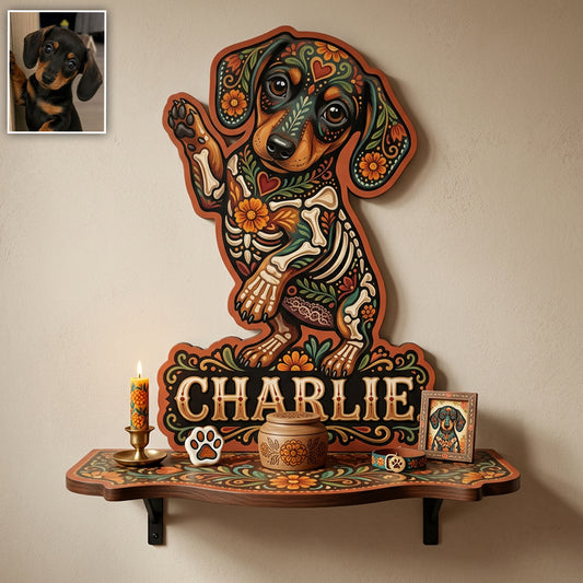 Pet Portrait Day Of The Dead Mexican Hispanic Style - Personalized Dog Wooden Floating Shelf