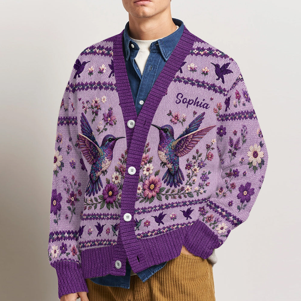 Purple Humming Bird - Personalized Hummingbird Cardigan Sweater