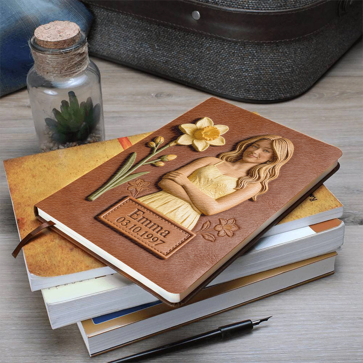 Personalisierte Geburtsblumen-Notizbücher mit Foto – Selbstliebe-Lederjournal