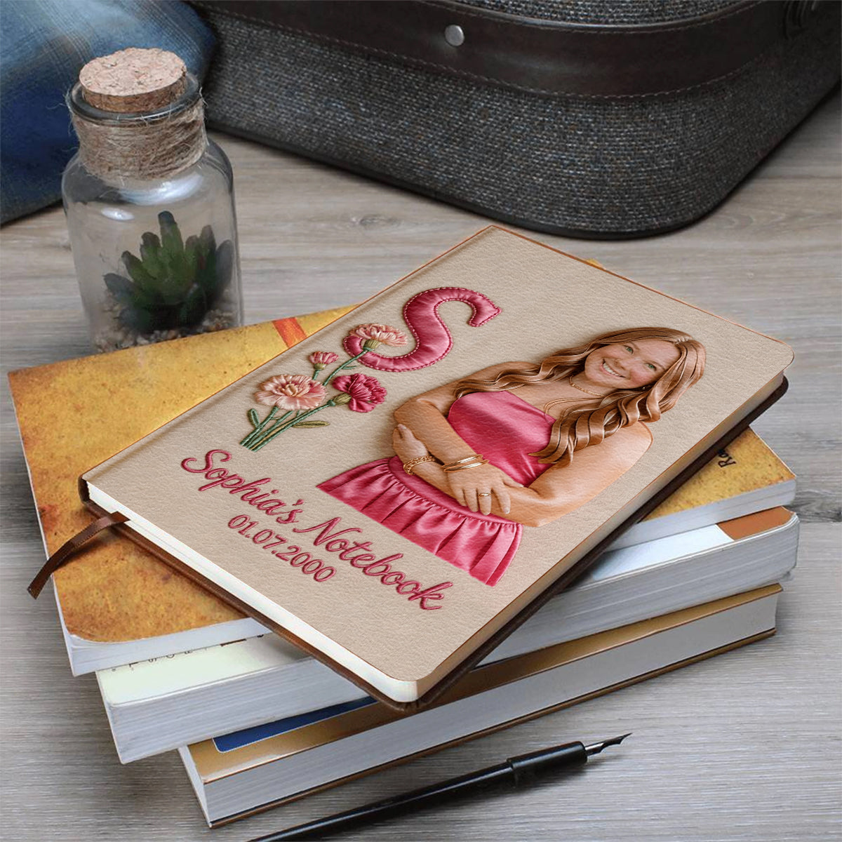 Journal en cuir personnalisé avec photo, fleur de naissance et initiale - Carnet de notes sur l'amour de soi