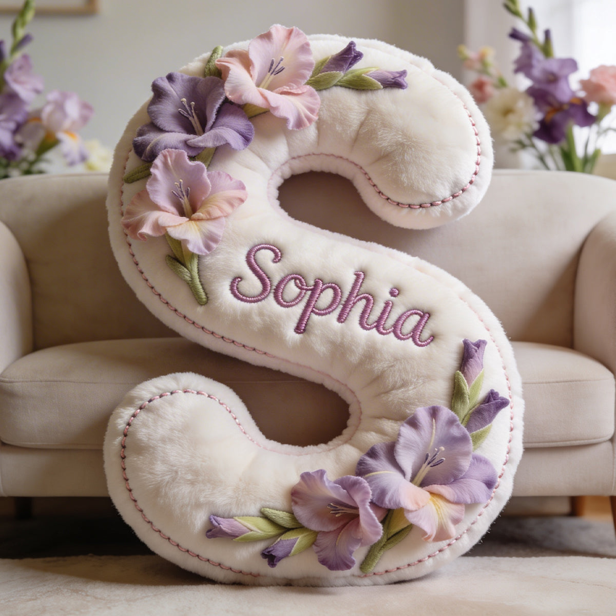 Coussin personnalisé en fausse fourrure premium - Aimez-vous, avec votre photo, votre fleur de naissance et votre initiale.