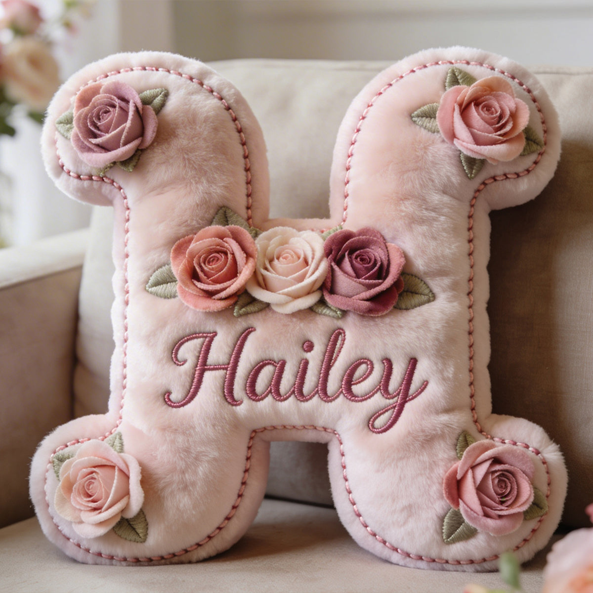 Coussin personnalisé en fausse fourrure premium - Aimez-vous, avec votre photo, votre fleur de naissance et votre initiale.