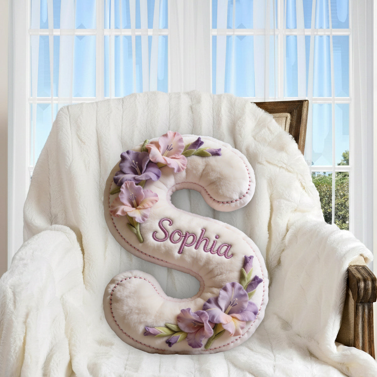 Coussin personnalisé en fausse fourrure premium - Aimez-vous, avec votre photo, votre fleur de naissance et votre initiale.