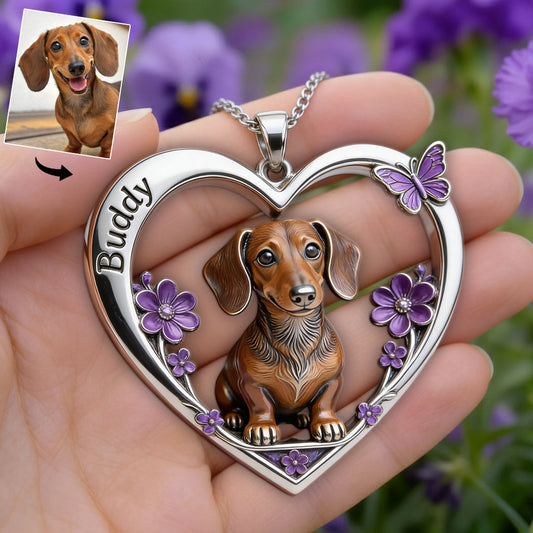 Any Photo Love My Pet Custom Flower - Personalized Dog Shaped Metal Pendant Necklace
