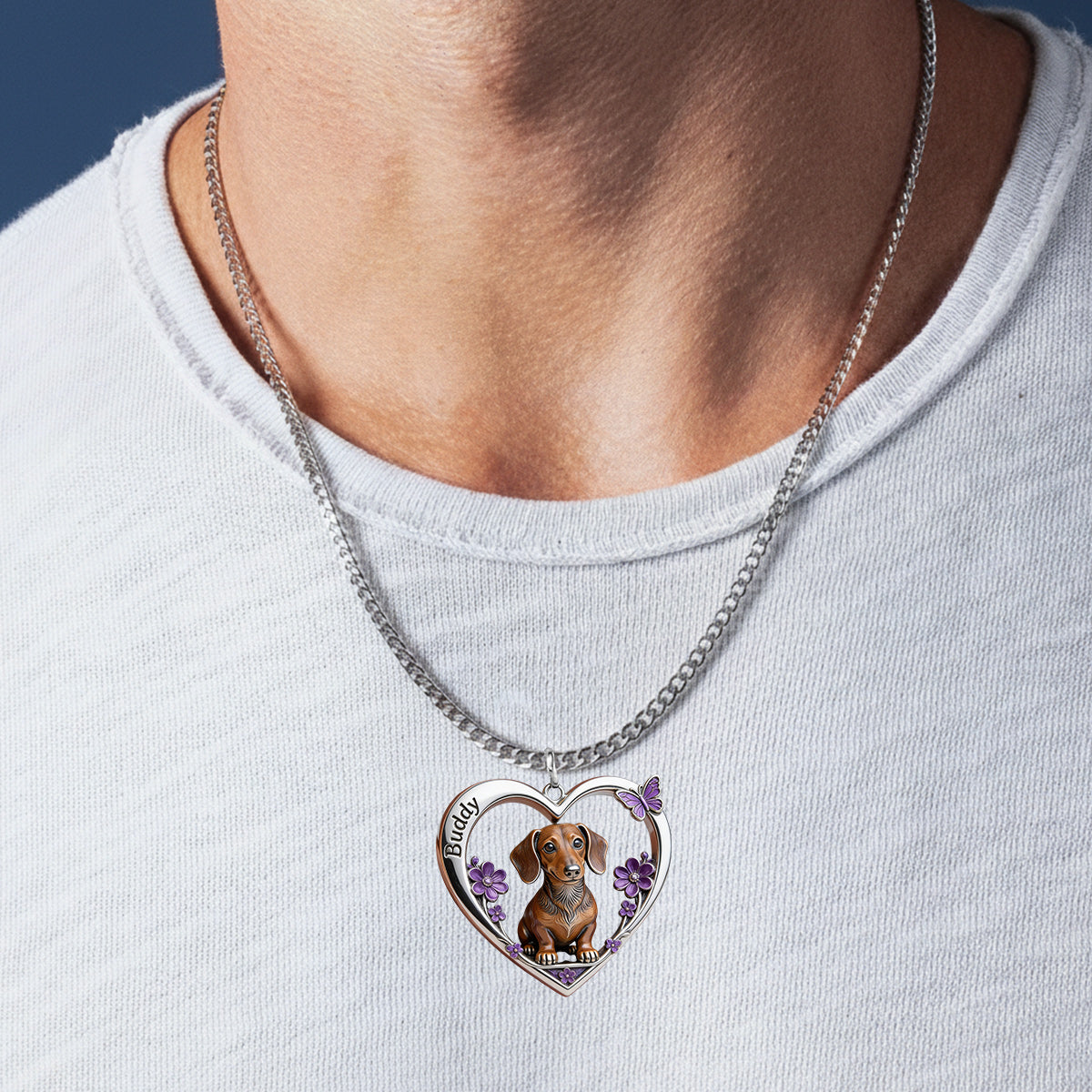 Any Photo Love My Pet Custom Flower - Personalized Dog Shaped Metal Pendant Necklace