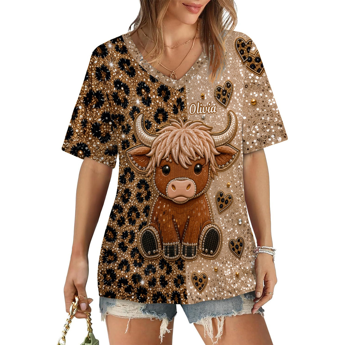Love Highland Cow - Personalized Highland Cow Fully Printed V-Neck T-Shirt