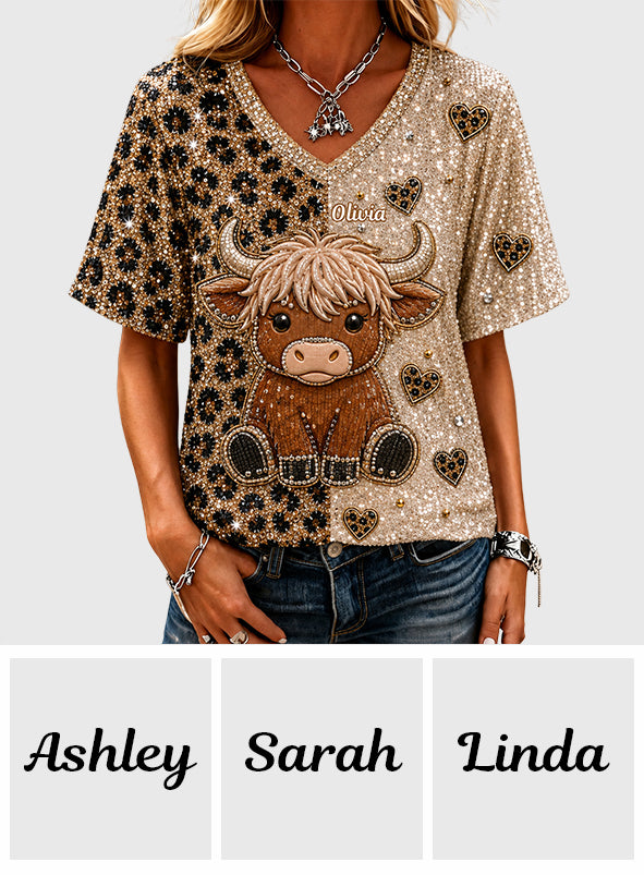 Love Highland Cow - Personalized Highland Cow Fully Printed V-Neck T-Shirt