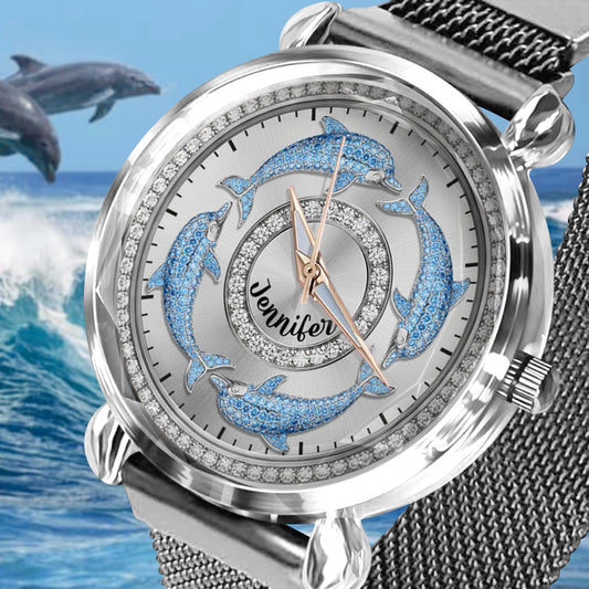 Liebe Delfine – Personalisierte Damen-Handuhr mit Delfinmotiv 