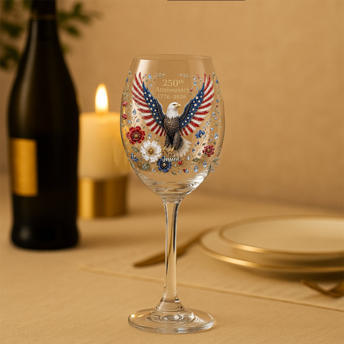 Land Of The Free - Personalized Bald Eagle Long Stem Wine Glass With Box