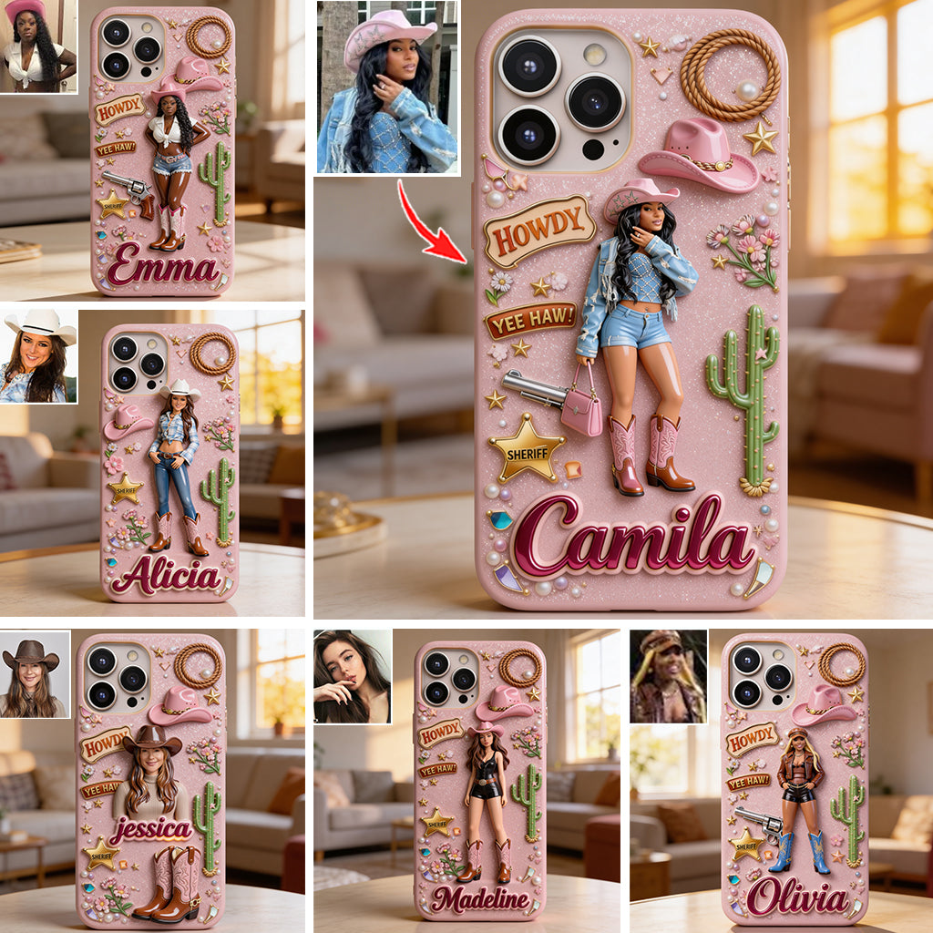 Cowgirl Gift, Whimsical Wild West Western - Personalized Cowgirl 3D Embossed Leather Phone Case