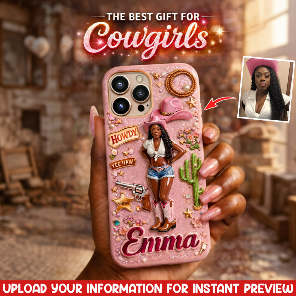 Cowgirl Gift, Whimsical Wild West Western - Personalized Cowgirl 3D Embossed Leather Phone Case