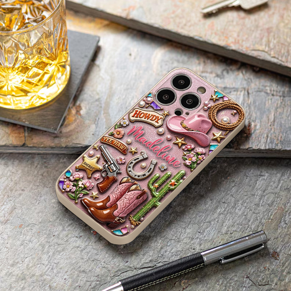 Cowgirl Gift, Whimsical Wild West Western - Personalized Cowgirl 3D Embossed Leather Phone Case