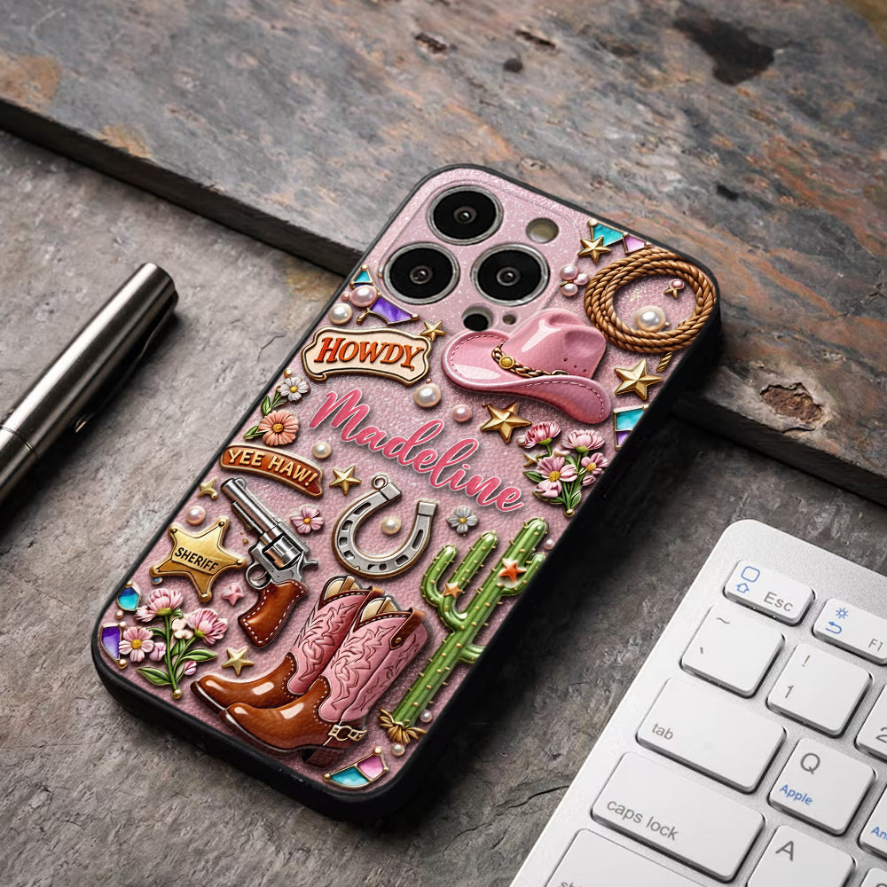 Cowgirl Gift, Whimsical Wild West Western - Personalized Cowgirl 3D Embossed Leather Phone Case