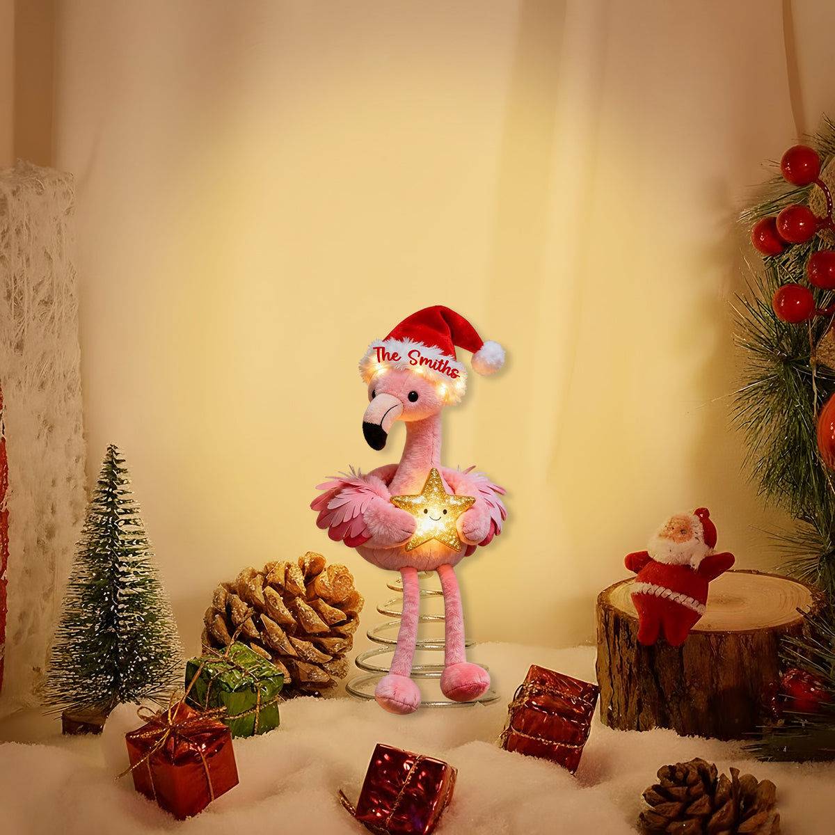 Décoration de sapin lumineuse LED flamant rose personnalisée - Noël rose