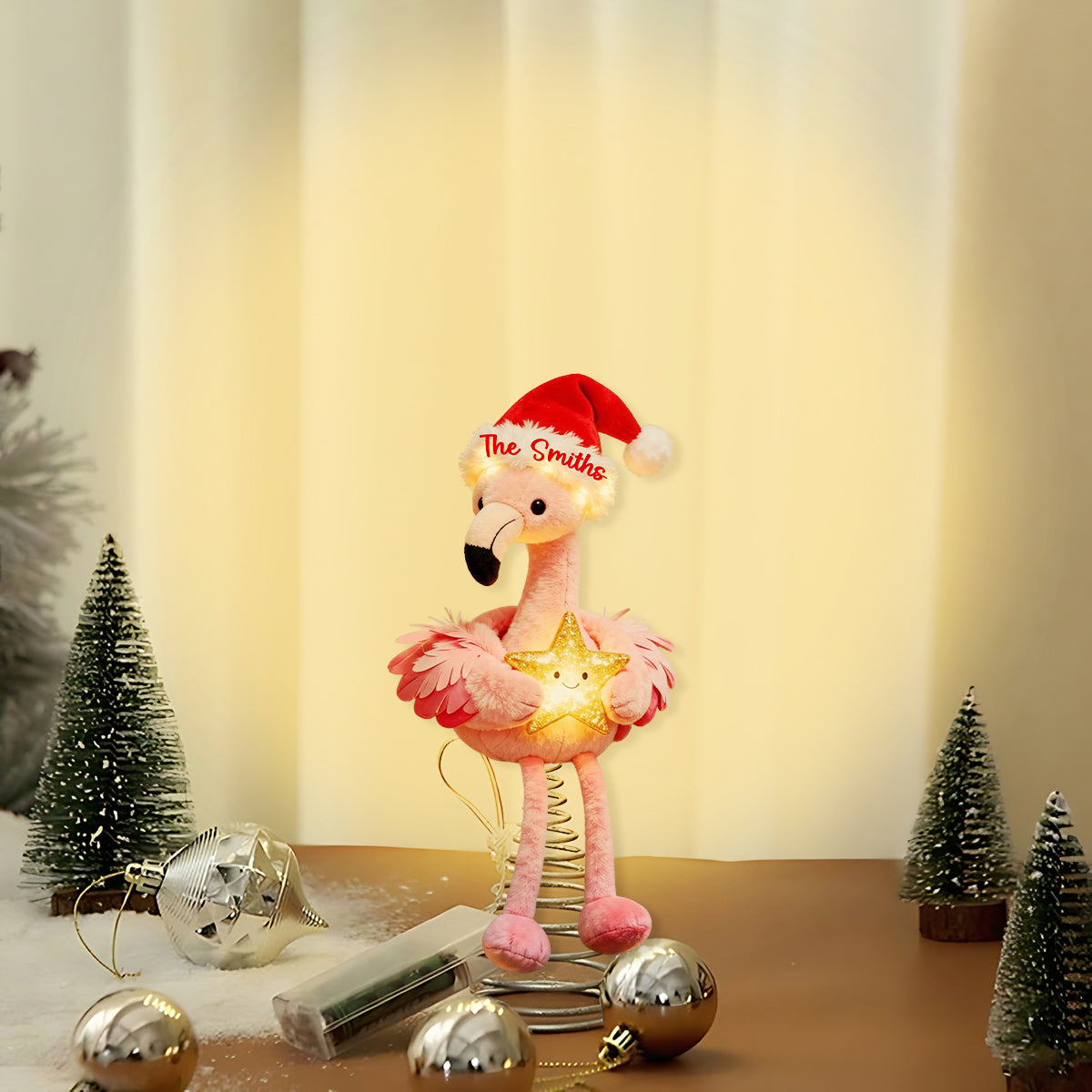 Décoration de sapin lumineuse LED flamant rose personnalisée - Noël rose