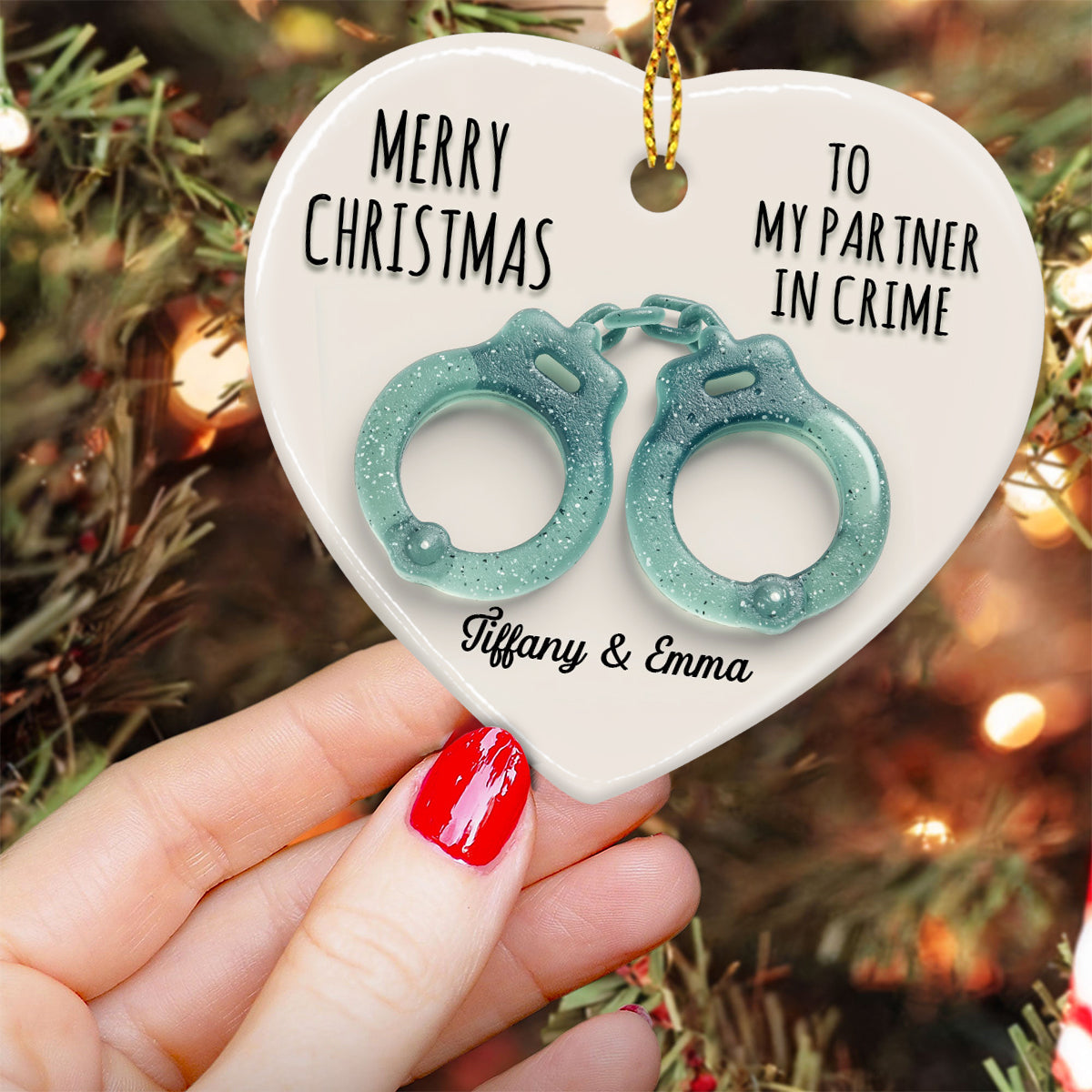 To My Partner In Crime - Personalized Bestie Ceramic Heart Ornament