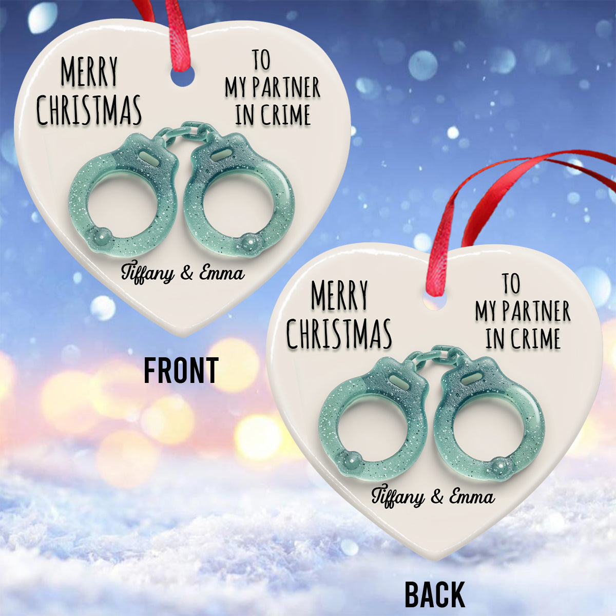 To My Partner In Crime - Personalized Bestie Ceramic Heart Ornament