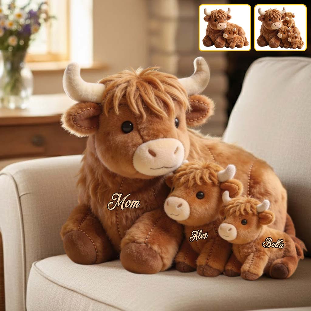 Maman vache des Highlands mignonne - Coussin personnalisé en fausse fourrure en forme de maman