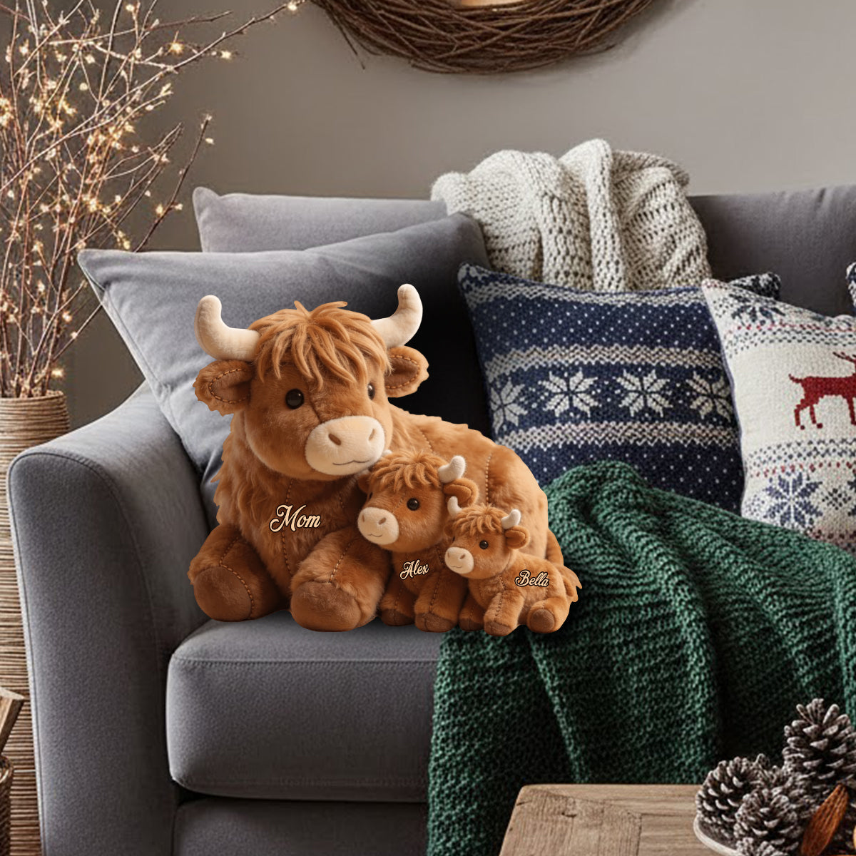 Maman vache des Highlands mignonne - Coussin personnalisé en fausse fourrure en forme de maman