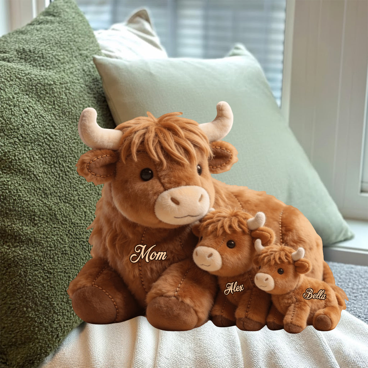 Maman vache des Highlands mignonne - Coussin personnalisé en fausse fourrure en forme de maman