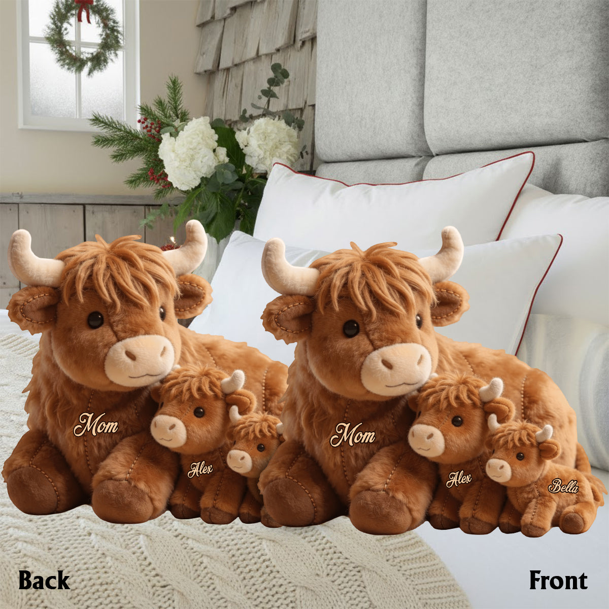 Maman vache des Highlands mignonne - Coussin personnalisé en fausse fourrure en forme de maman