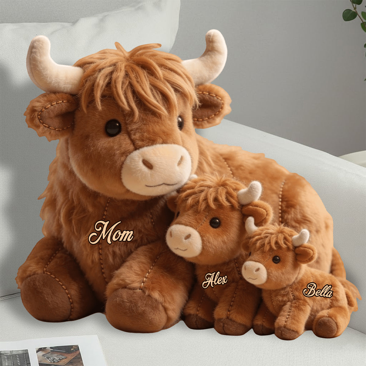 Maman vache des Highlands mignonne - Coussin personnalisé en fausse fourrure en forme de maman