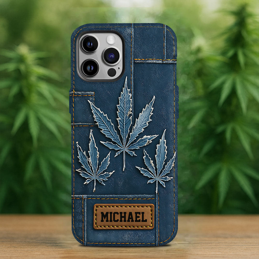 Coque de téléphone personnalisée avec imprimé intégral de marijuana en denim vieilli