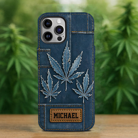 Coque de téléphone personnalisée avec imprimé intégral de marijuana en denim vieilli