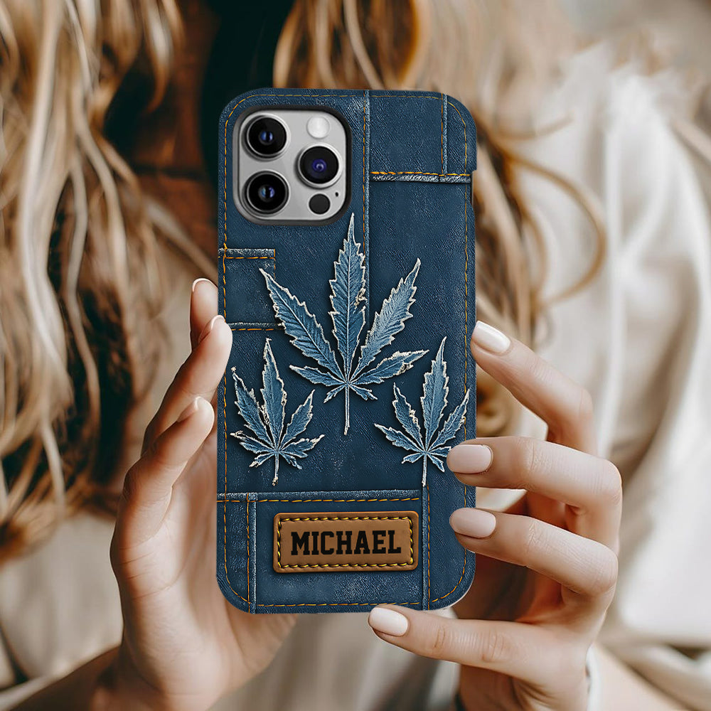 Coque de téléphone personnalisée avec imprimé intégral de marijuana en denim vieilli